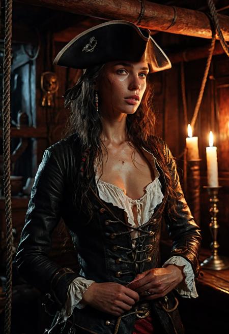 TheAramintaExperiment_Cv5_ultra realistic raw textured photography by Alessio Albi and Steve McCurry and Andre Kohn, nsfw, 1500s era, cleavage, full body, (Gal Gadot_0.8) (Sharon Stone_0.8) in leather pirate outfit, pirate hat_20240609182518_0001.png
